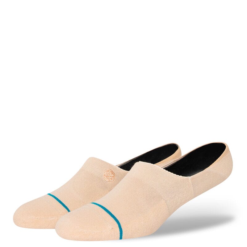 Women's oatmeal no-show socks shown at an angle with low-cut profile and teal toe accent