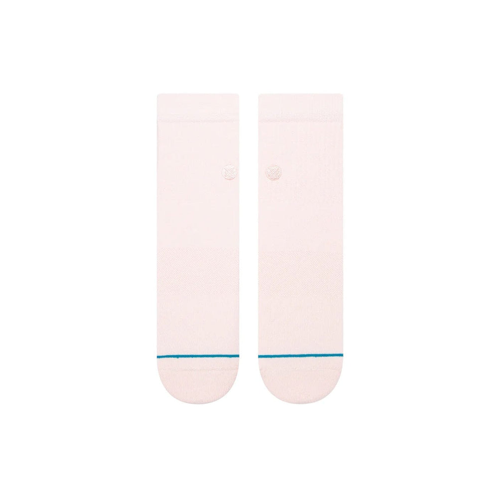 Women's soft-pink quarter-ankle socks laid flat front view with teal toe stripe