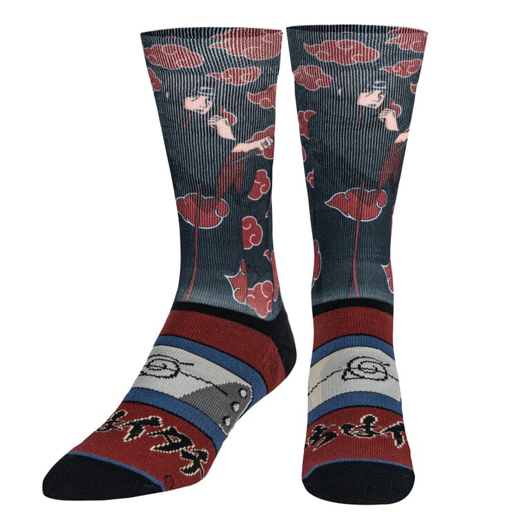 Itachi crew socks shown front-facing with red Akatsuki clouds and the Hidden Leaf headband on the foot