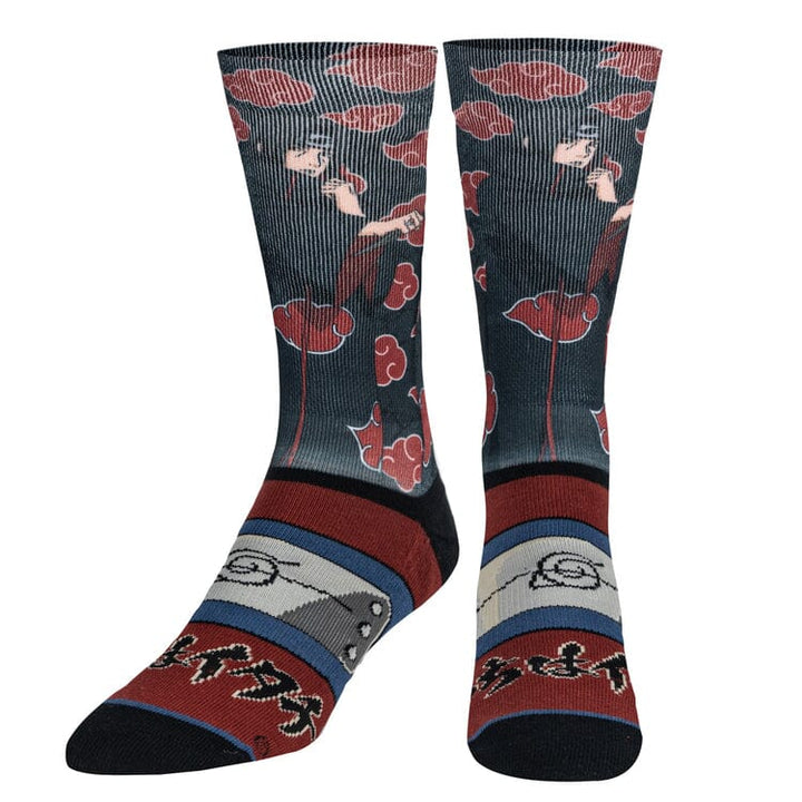 Itachi crew socks shown front-facing with red Akatsuki clouds and the Hidden Leaf headband on the foot