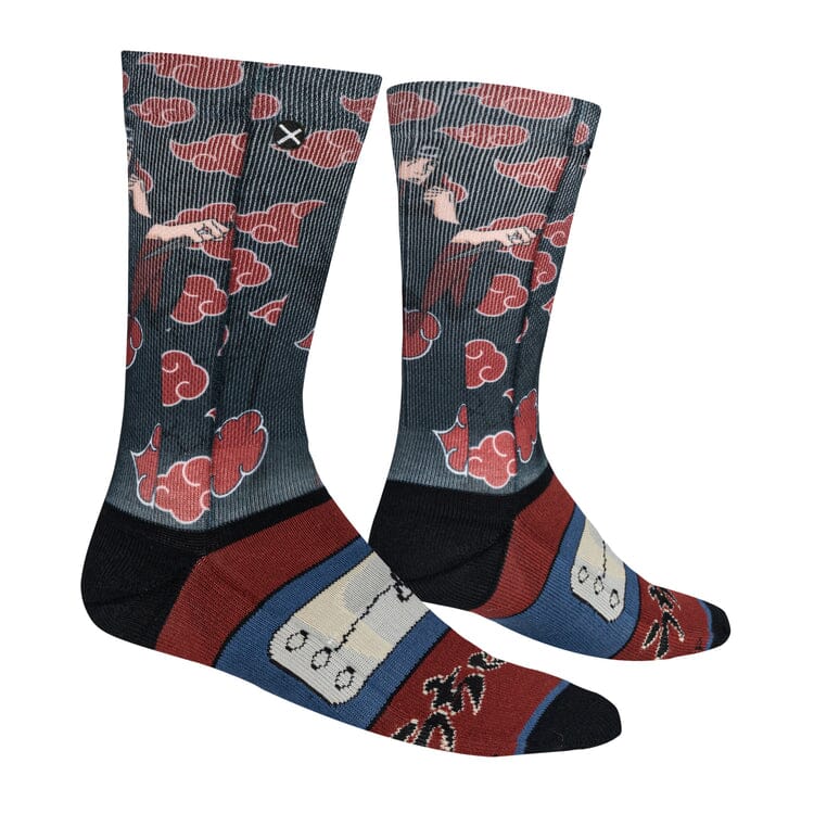 Side view of the Itachi crew socks showing red clouds across the leg and patterned ninja foot