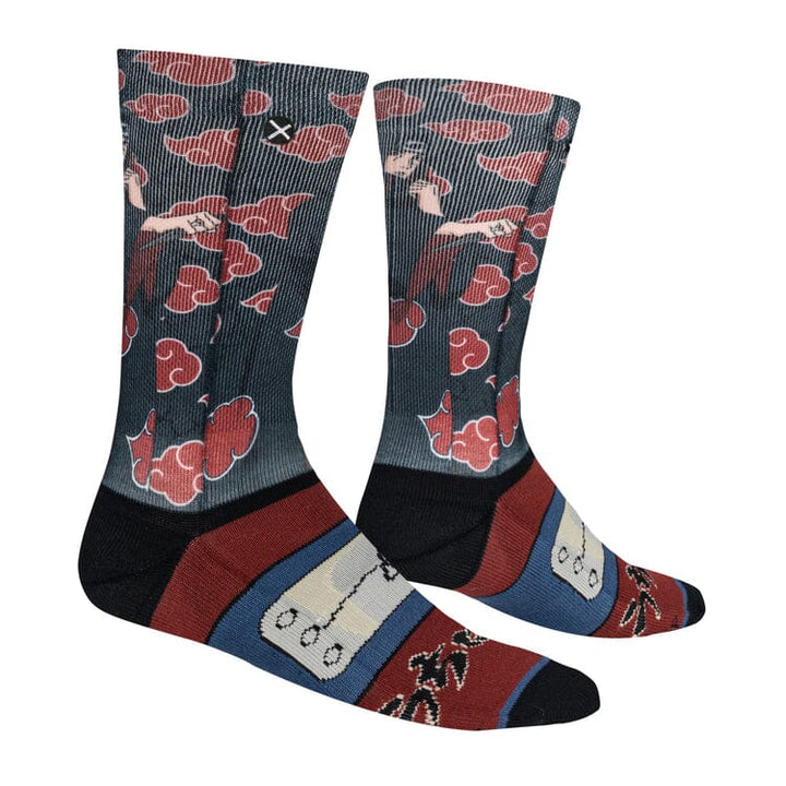 Side view of the Itachi crew socks showing red clouds across the leg and patterned ninja foot