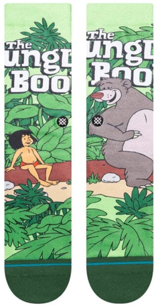Back view of the Jungle Book socks showing Mowgli seated and Baloo the bear among jungle leaves with The Jungle Book title