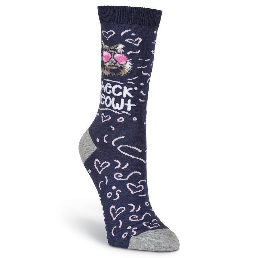 Front view of a women's navy 'Check Meowt' cat crew sock with the sunglasses-wearing cat and pink doodles