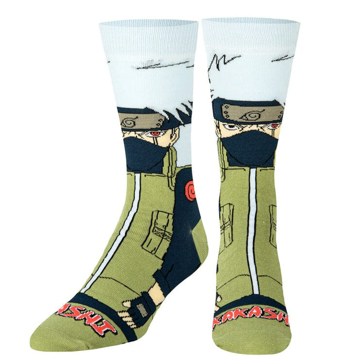 Front view of the Kakashi crew socks showing his headband, masked face, and green flak jacket
