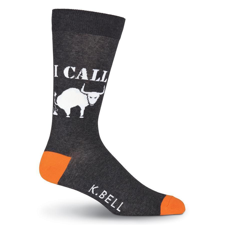 Charcoal men's crew sock with a white bull graphic and the words I CALL above it, finished with orange toe and heel