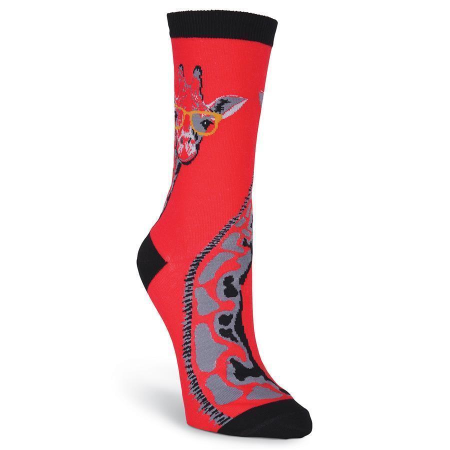 Side view of red giraffe crew sock with spotted neck pattern