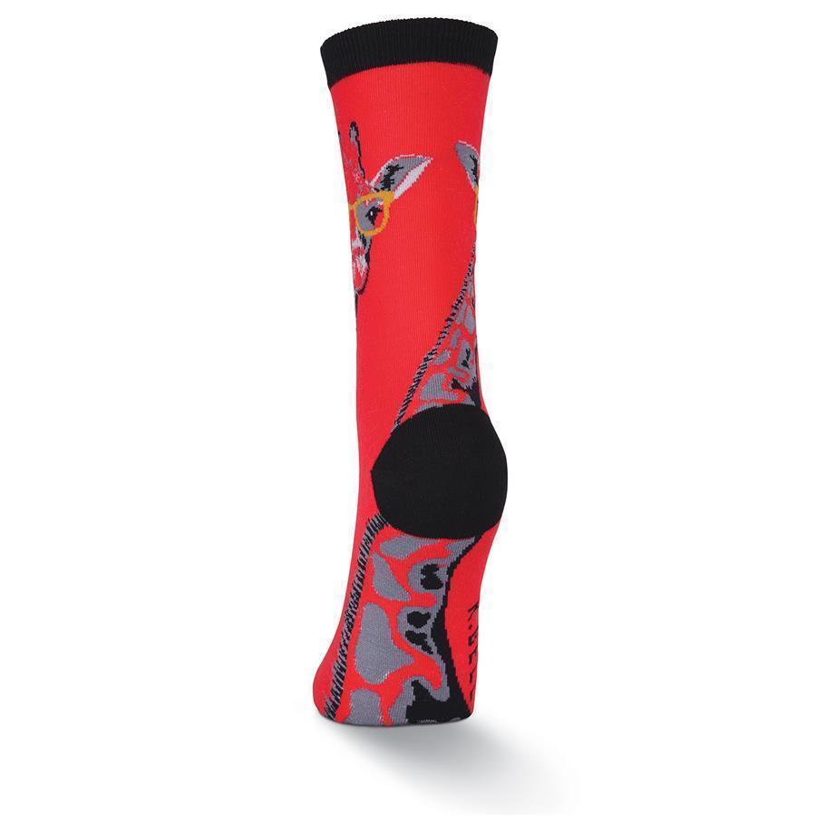 Back view of red giraffe crew sock with black heel