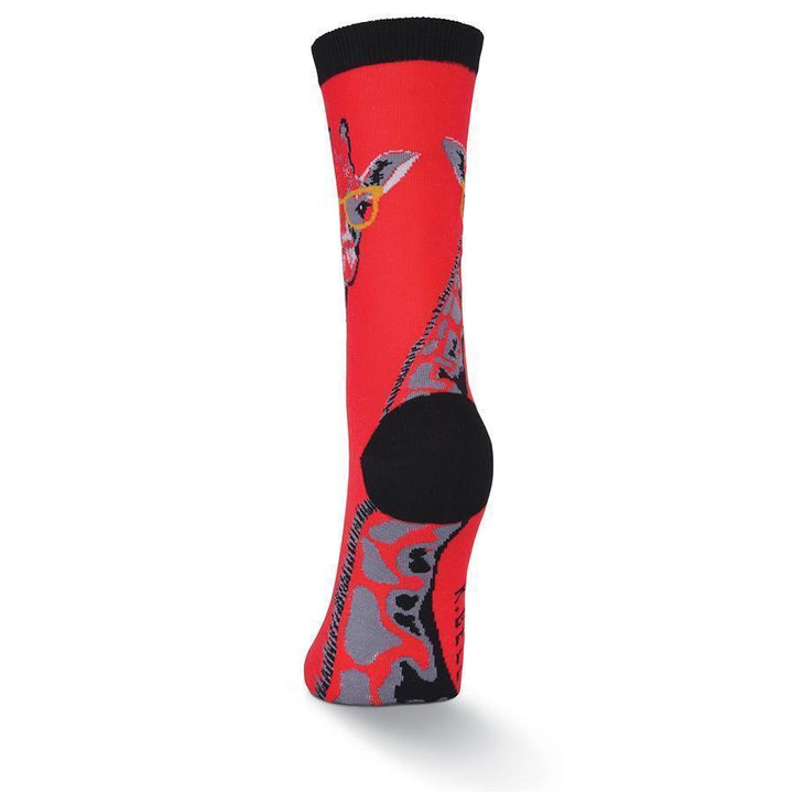 Back view of red giraffe crew sock with black heel
