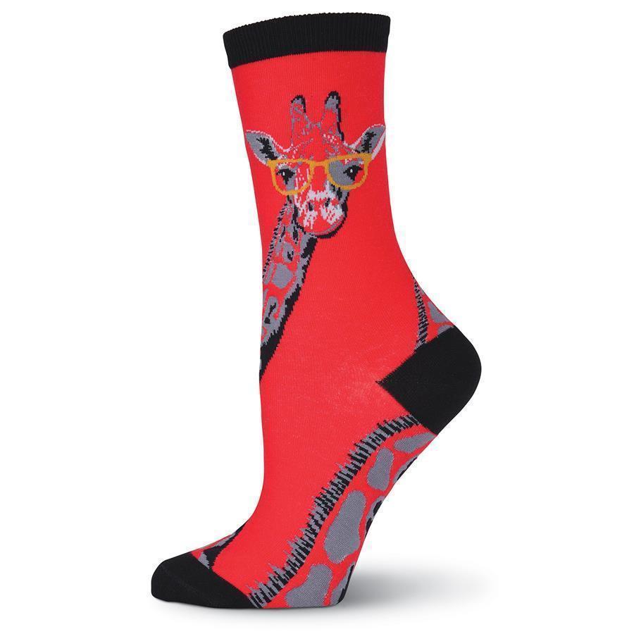 Outer side of red giraffe crew sock showing giraffe in glasses