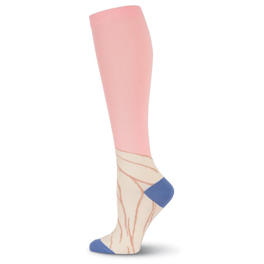 Side profile of the pink llama knee high sock highlighting the long llama neck design down the foot