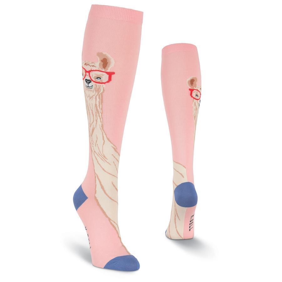 Front and back view of the pink llama knee high socks showing the llama face and back of the leg