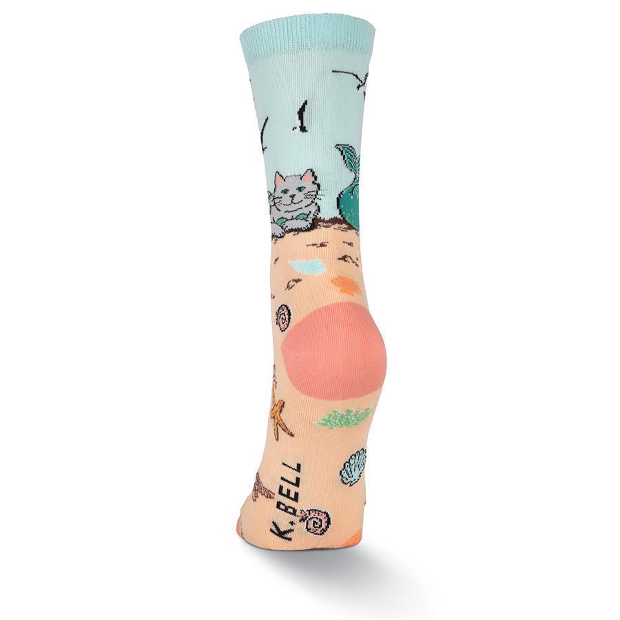 Back view of mermaid cat crew sock with starfish and shells