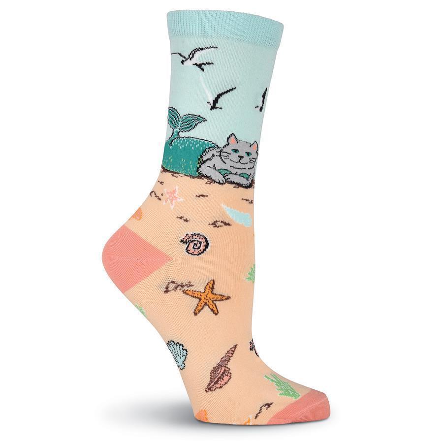 Side view of mermaid cat sock showing seagulls and seashells