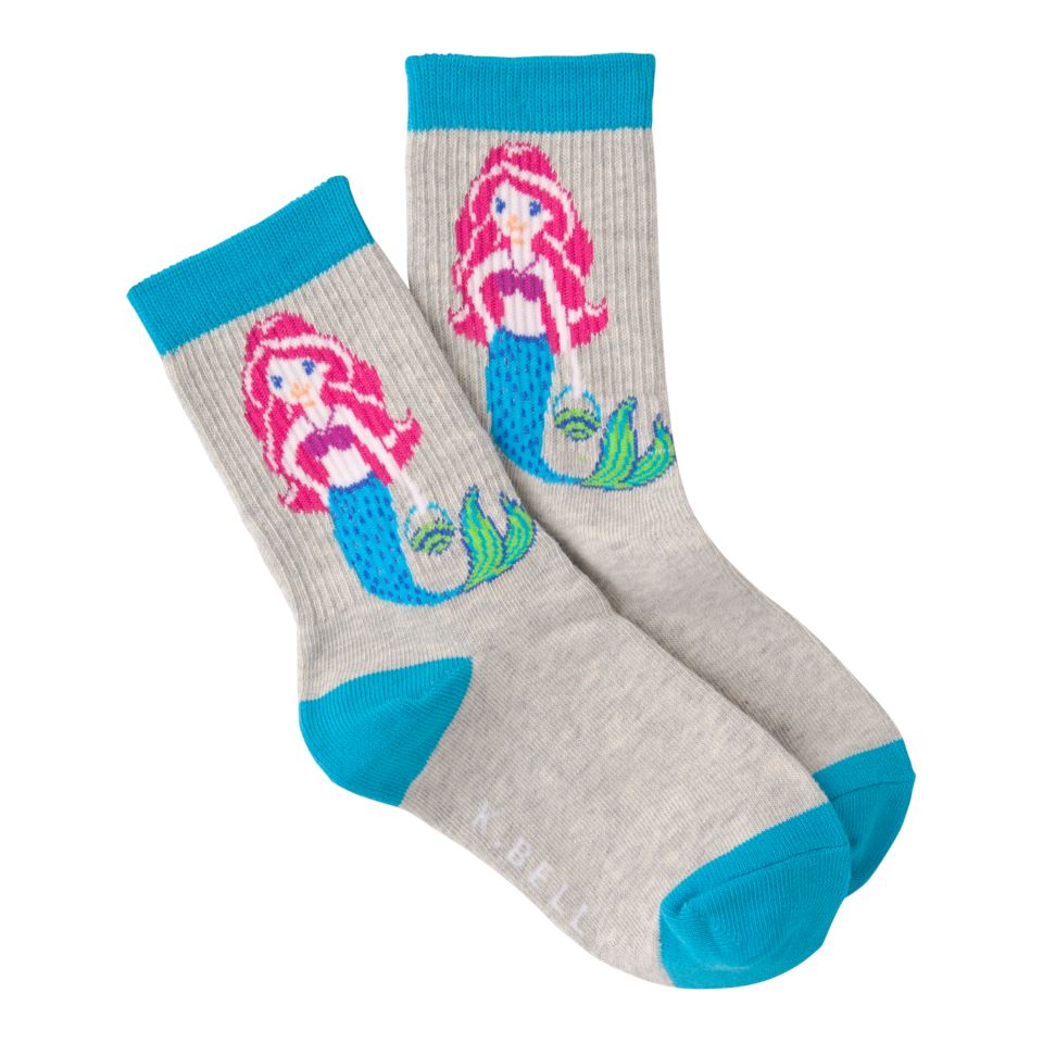 Pair of kids' heather-gray crew socks shown flat with a smiling pink-haired mermaid in a purple top and blue-green tail; turquoise cuff, heel, and toe.