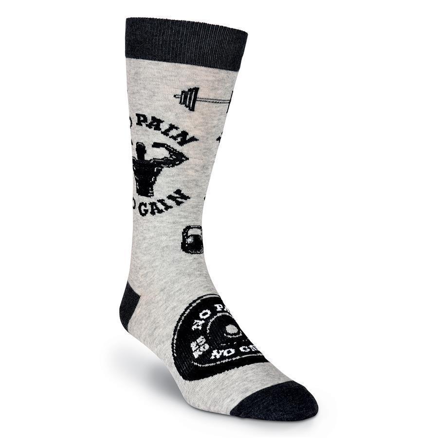 Opposite side of the gray No Pain No Gain crew sock showing kettlebells, barbells, and the slogan repeated on the foot