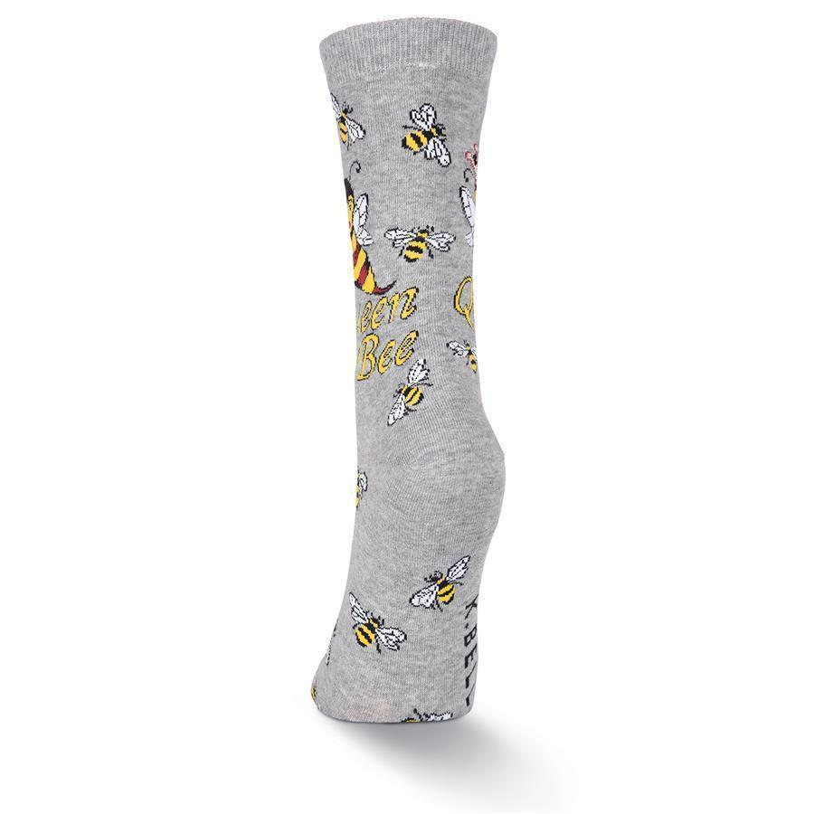 Back view of gray queen bee crew sock with bee pattern