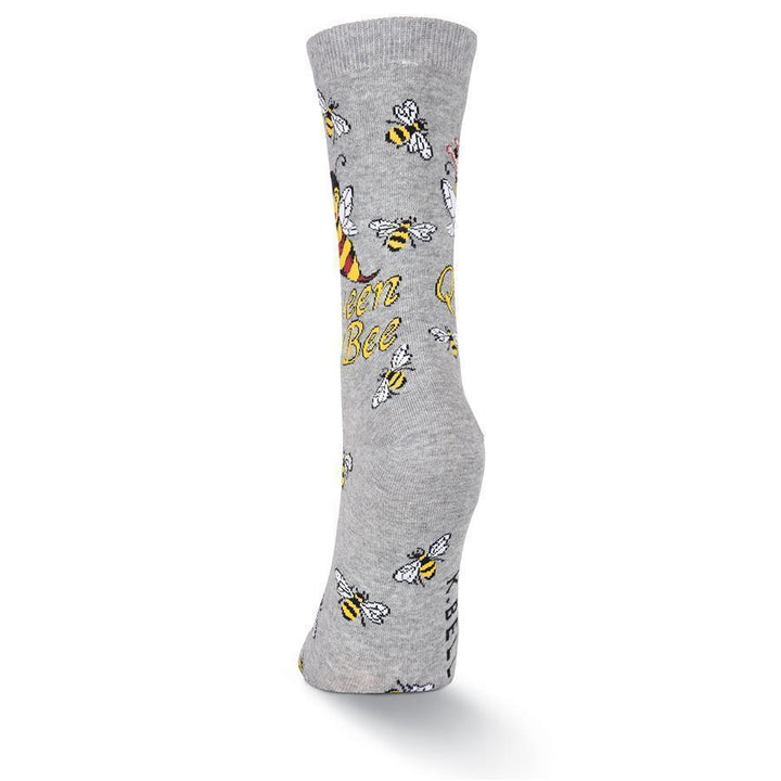 Back view of gray queen bee crew sock with bee pattern