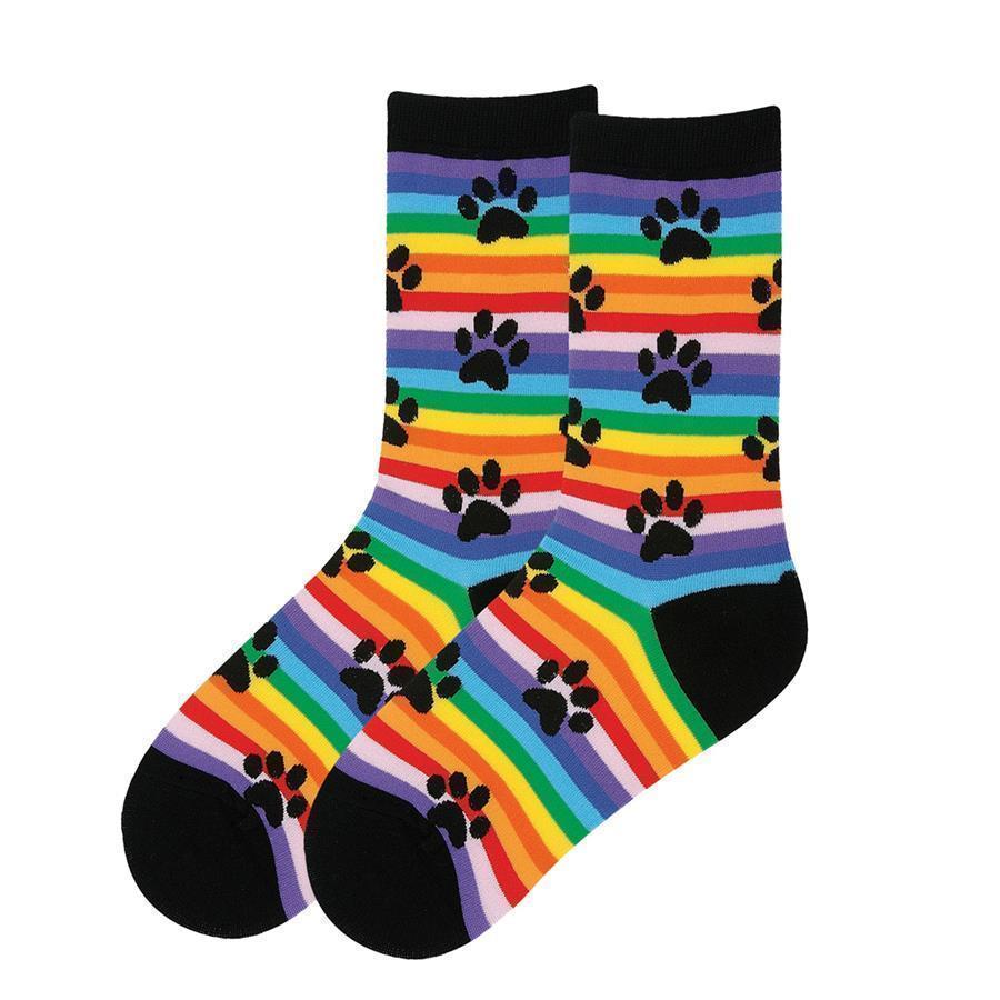 Pair of women's crew socks shown flat with horizontal rainbow stripes and scattered black paw prints; solid black heel and toe.