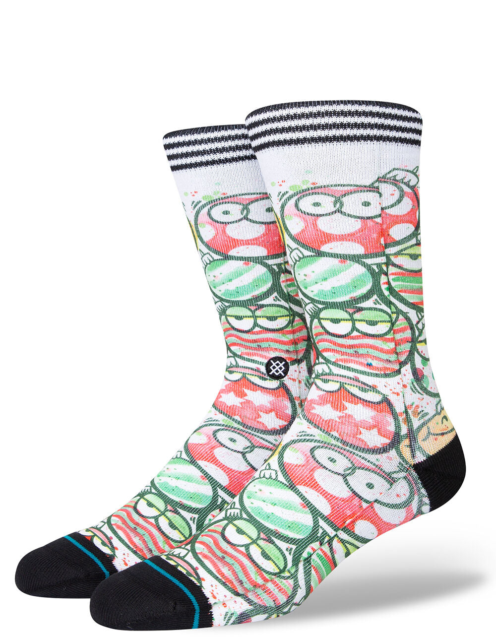 Kevin Lyons Ornament crew socks angled view, googly-eyed monster faces in red and green watercolor with striped cuff