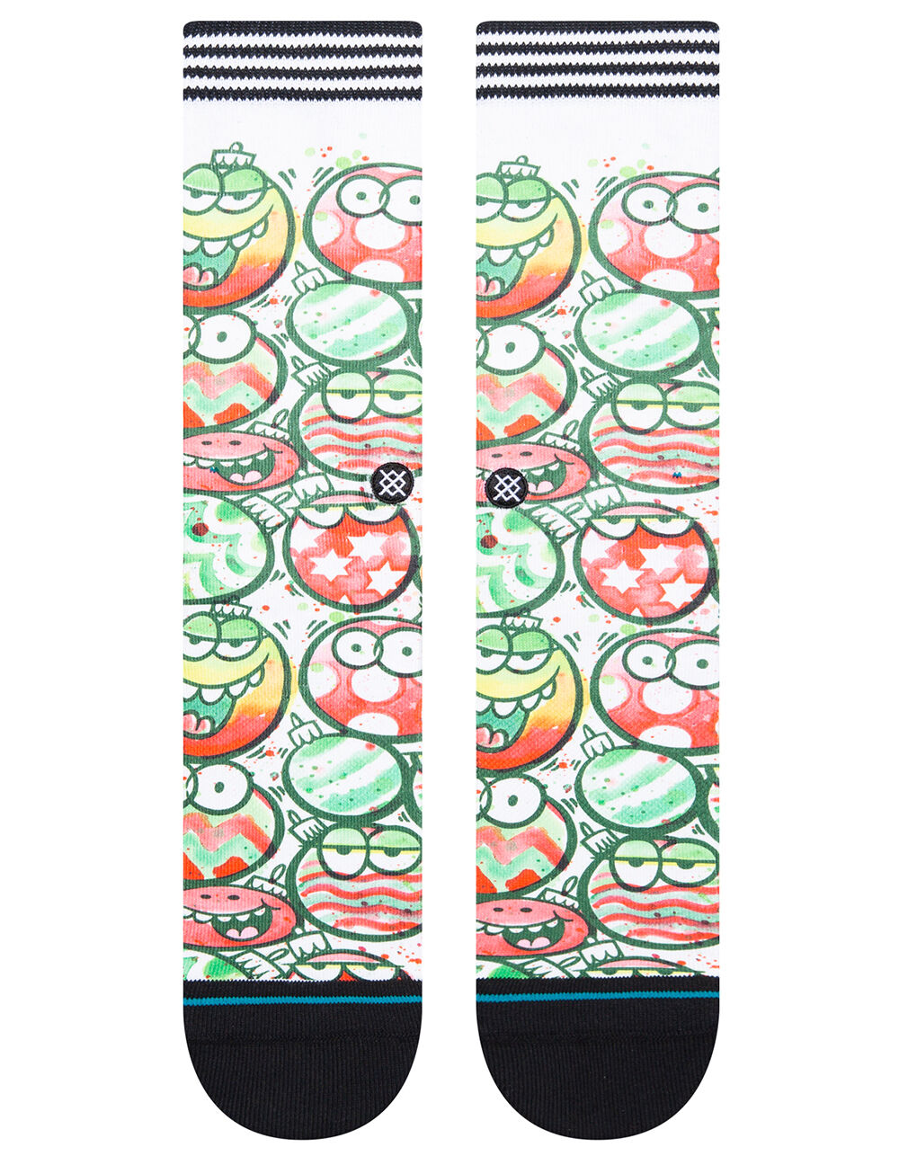 Front view of the Kevin Lyons monster crew socks, dense pattern of cartoon ornament characters on white