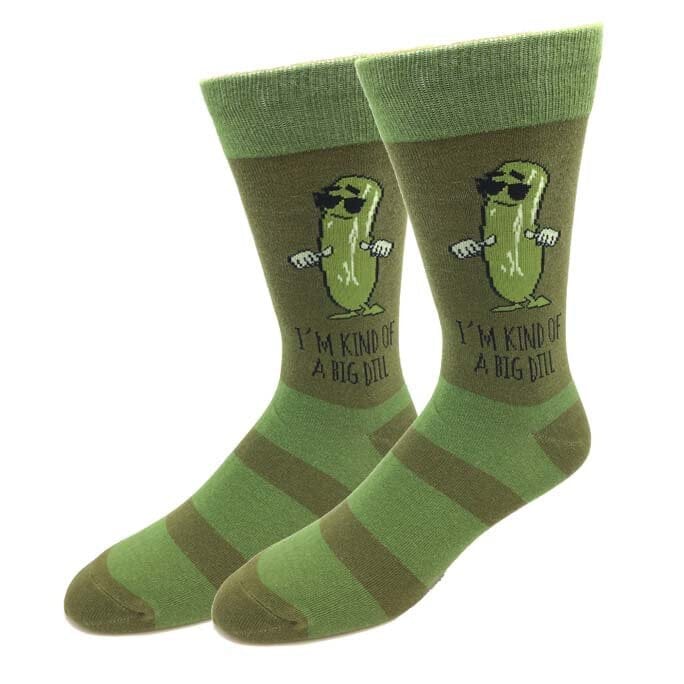 Men's green crew socks with a sunglasses-wearing cartoon pickle and the text I'm Kind of a Big Dill above striped feet