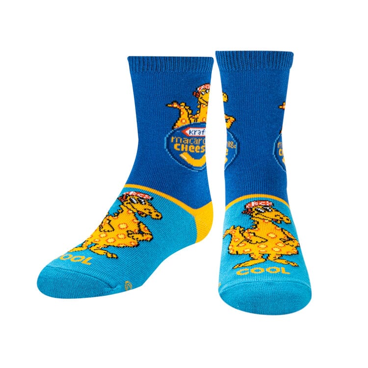 Front view of the Kraft Mac & Cheese kids' socks showing the logo and dino with sky-blue feet