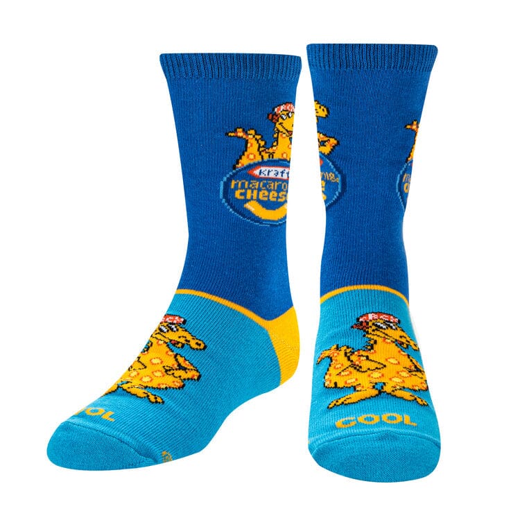 Front view of the Kraft Mac & Cheese kids' socks showing the logo and dino on blue with sky-blue feet