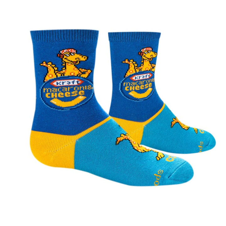 Top-down view of the Kraft Mac &amp; Cheese socks showing the logo on the leg and dinos on the foot
