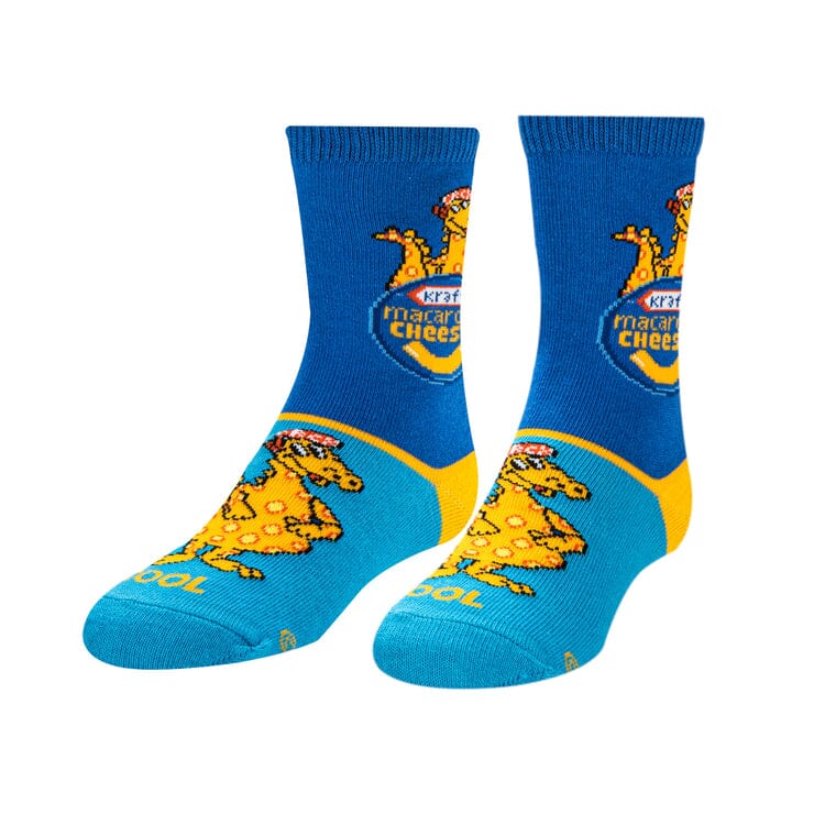 Kids' blue crew socks featuring the Kraft Macaroni & Cheese logo, yellow noodle dino mascot, and gold heels