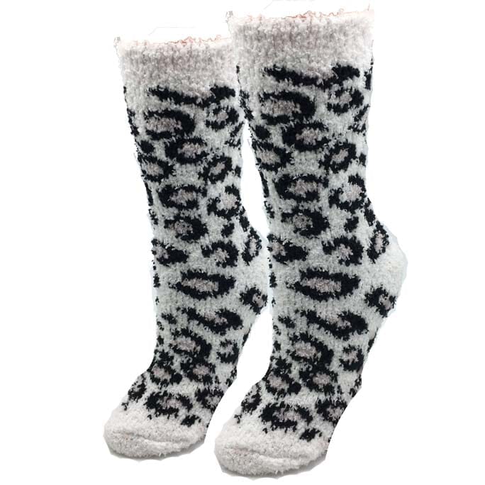 Women's leopard print fuzzy crew socks, flat front view in white with black and gray spots and pink cuff
