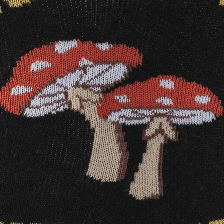 Close-up of two red-capped white-spotted mushrooms on the black knit