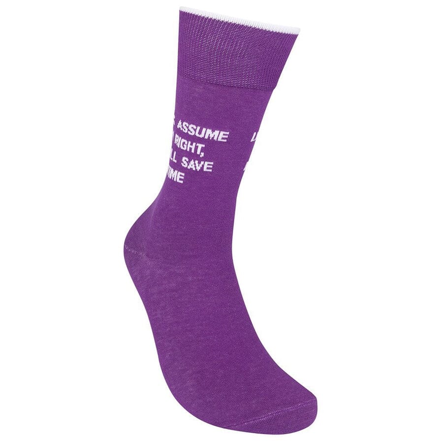 Angled side view of the purple novelty sock with the saying along the leg