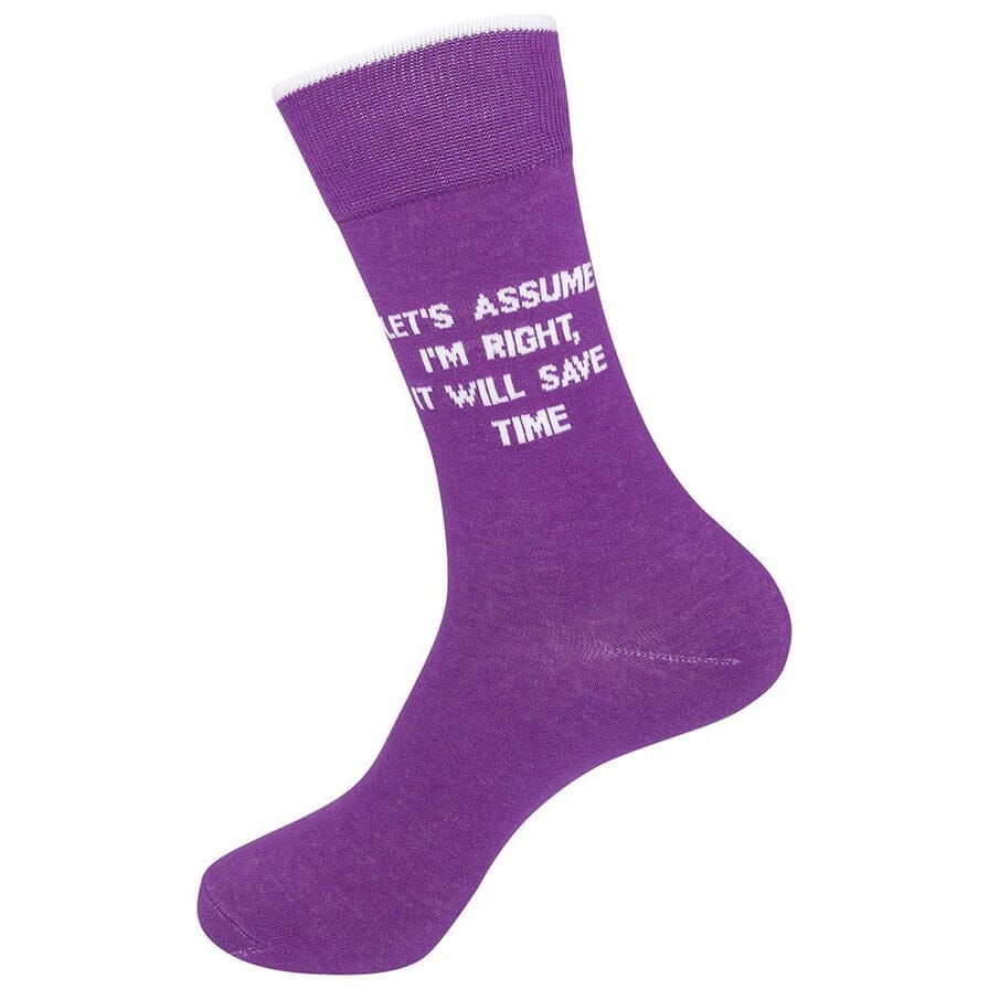 Standing side view of the purple sock showing the complete white lettering
