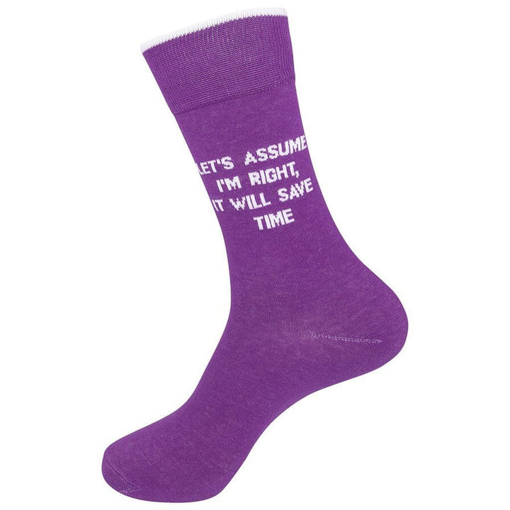 Standing side view of the purple sock showing the complete white lettering