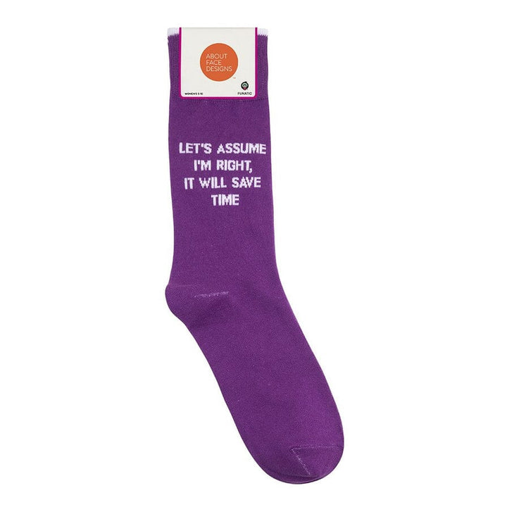 Purple saying sock with About Face Designs header card showing the quote and Funatic branding