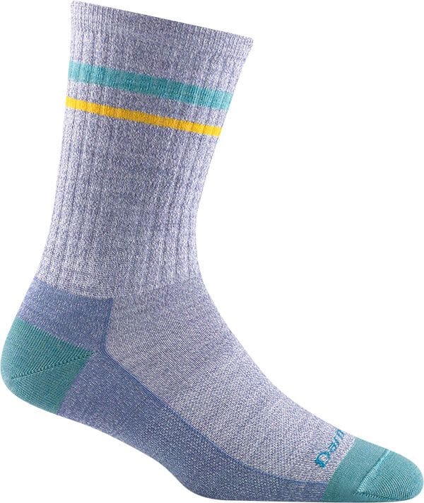 Women's lavender crew sock with teal and yellow stripes, flat side view