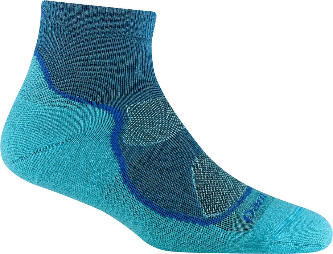 Women's aqua and blue quarter hiking sock, flat side view