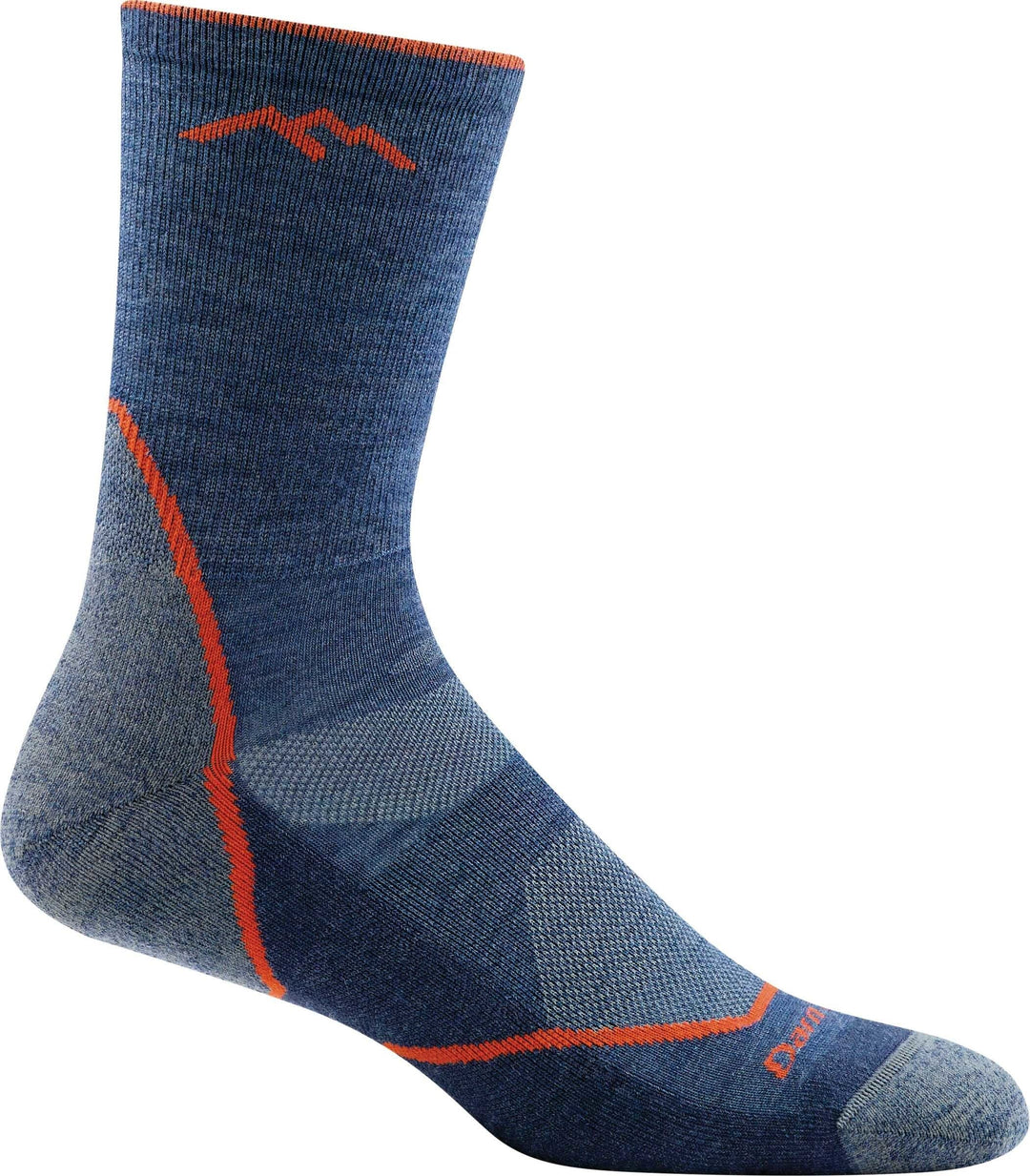 Men's denim blue micro crew hiking sock with orange accents, flat side view