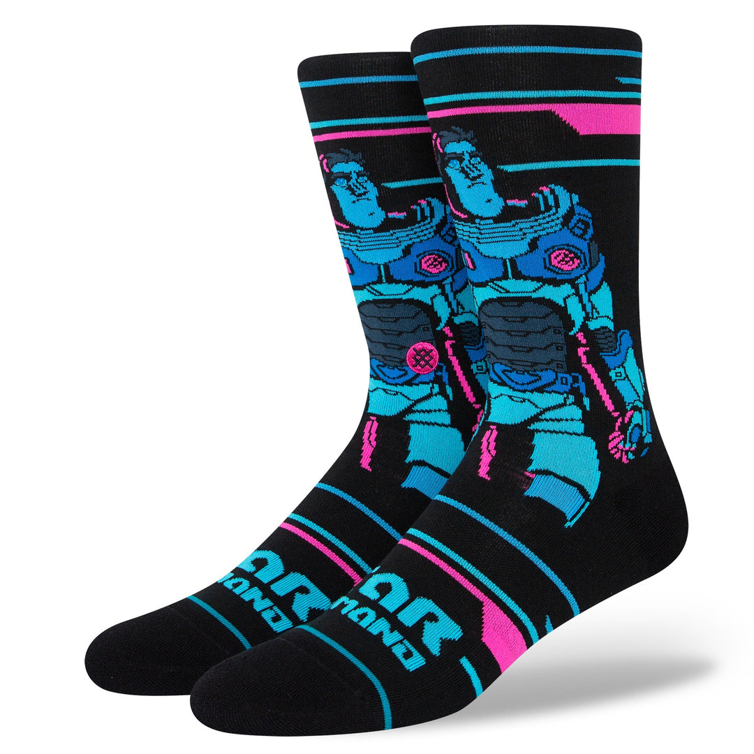 Pair of black kids' crew socks featuring Buzz Lightyear in teal armor with neon accents and Star Command text, display view
