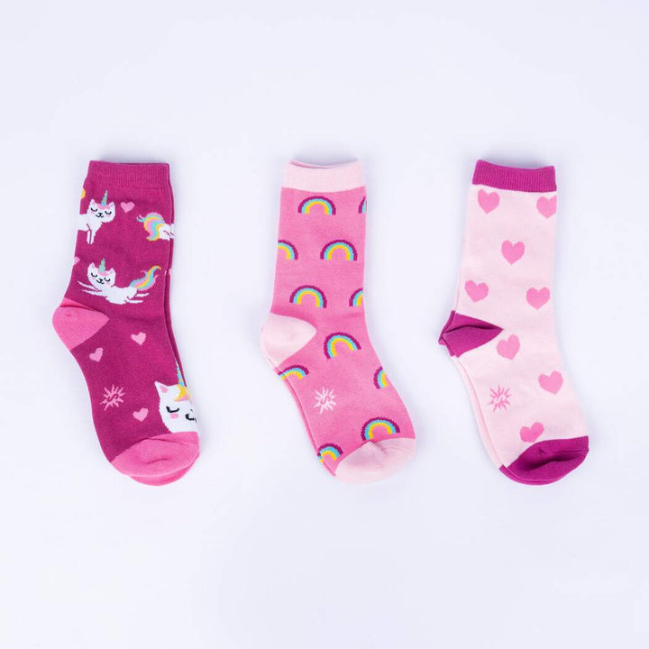 Three junior crew socks flat: berry caticorn pair, pink rainbow pair, and pale pink heart pair
