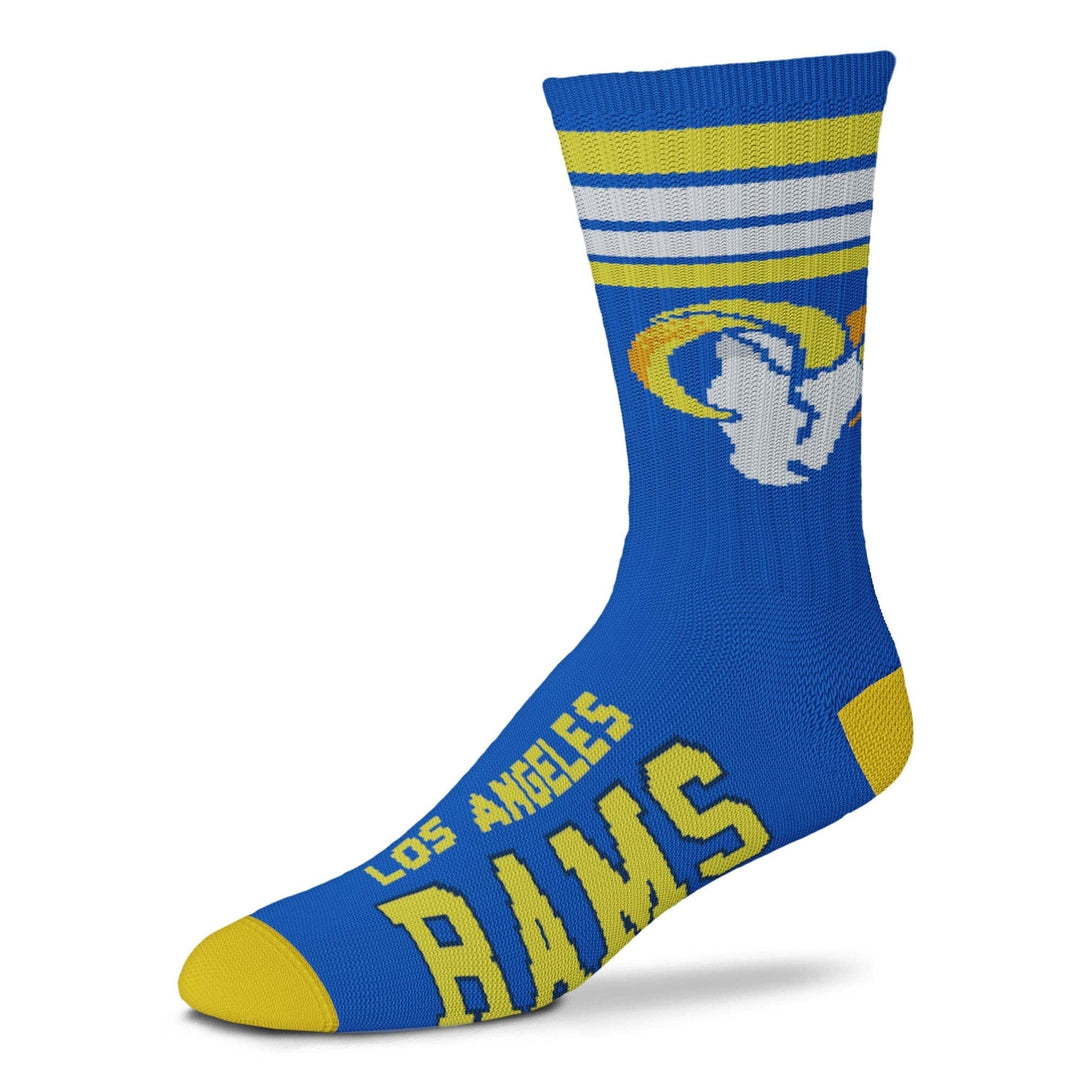 Royal blue Los Angeles Rams crew sock with gold and white stripes, the Rams horn logo, and yellow toe and heel, on a foot form