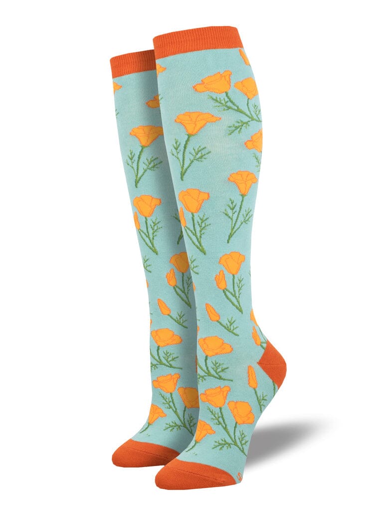 Women's maritime poppies knee high socks in seafoam with orange poppies, flat product shot