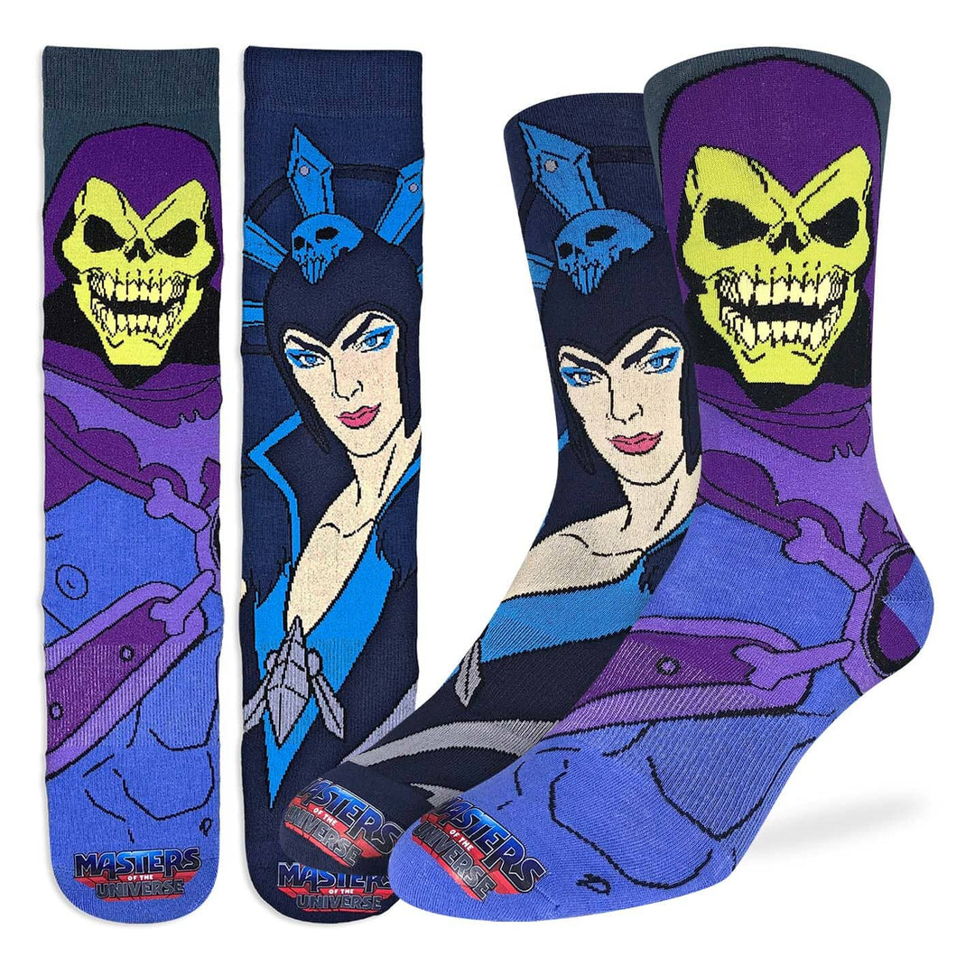 Pair of Masters of the Universe crew socks displayed flat, one with Skeletor&