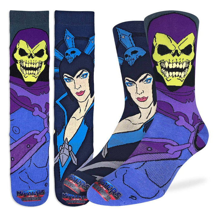 Pair of Masters of the Universe crew socks displayed flat, one with Skeletor&