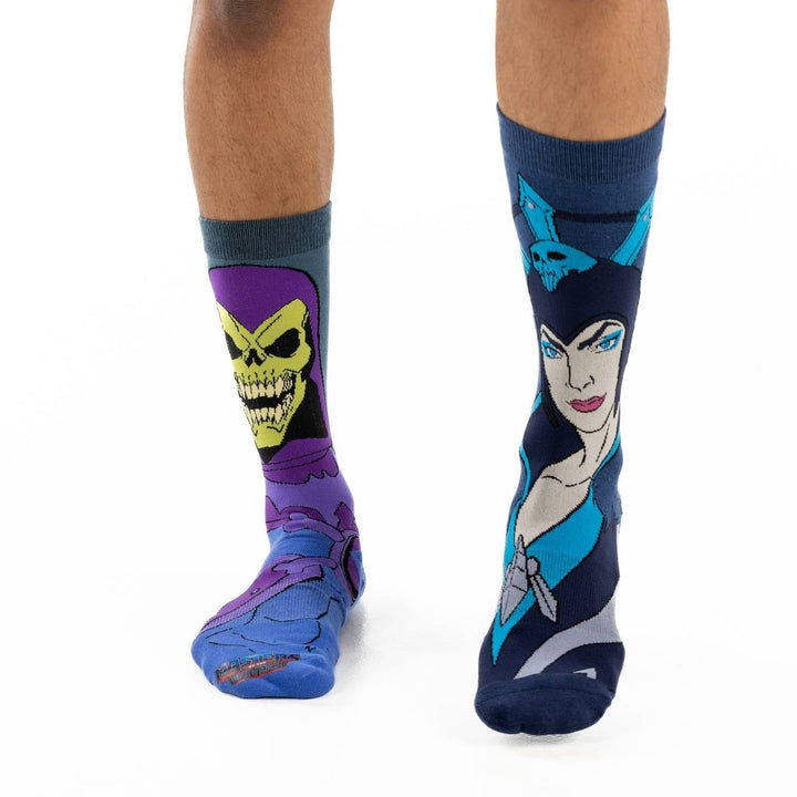Masters of the Universe Skeletor and Evil-Lyn crew socks worn on a model&