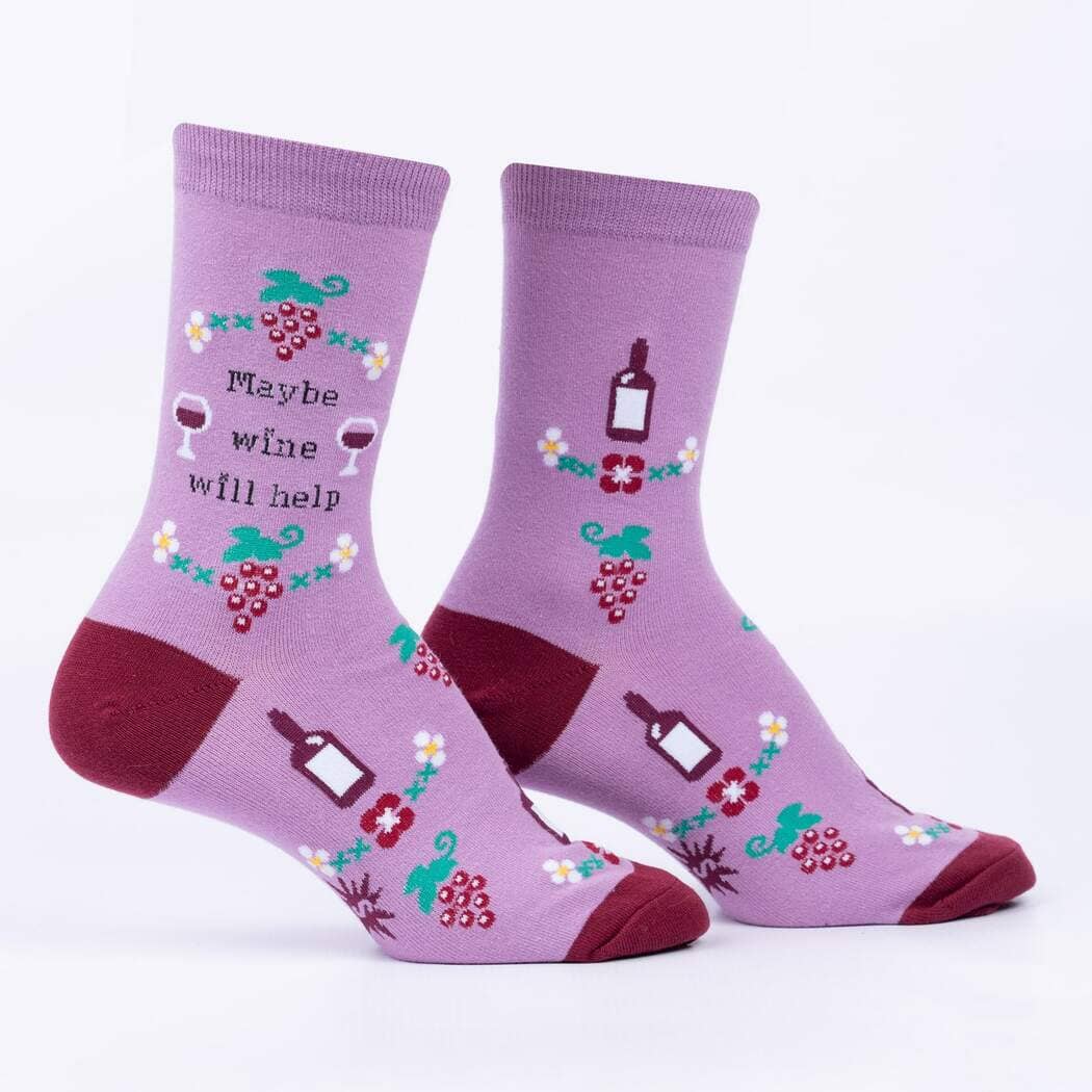 Mauve women's crew socks with cross-stitch grapes, wine glasses and 'Maybe wine will help' text, wine-red heel and toe