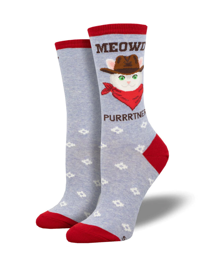 Women's grey crew socks showing a cat in a cowboy hat and red bandana reading MEOWDY PURRTNER, with red heel and toe