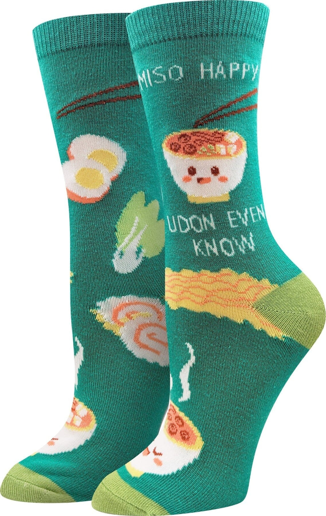 Women's teal-green crew socks with a smiling ramen bowl, sushi, fried eggs, and the puns Miso Happy and Udon Even Know