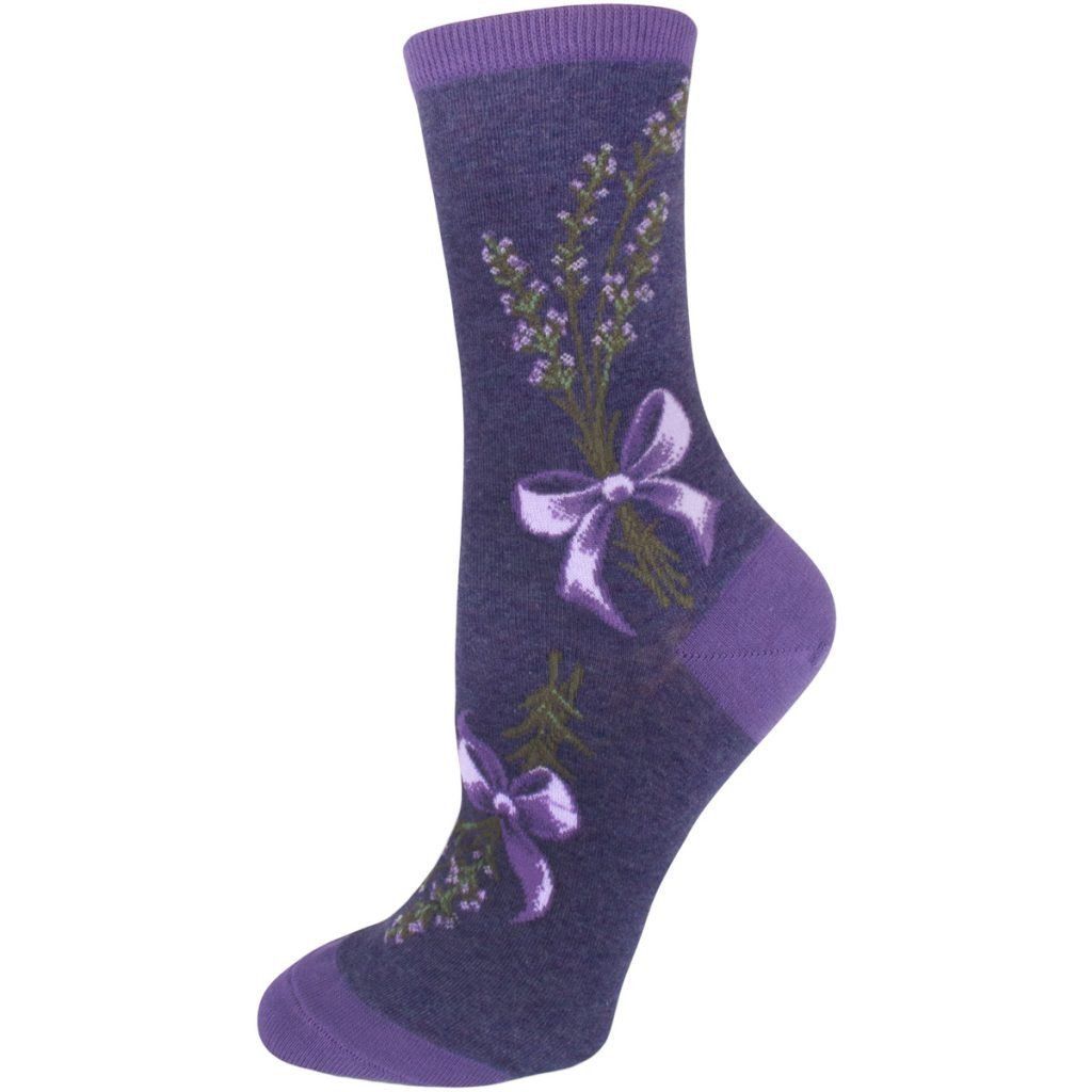 Heathered purple crew sock with bundles of lavender sprigs tied with a lilac bow, purple cuff and heel